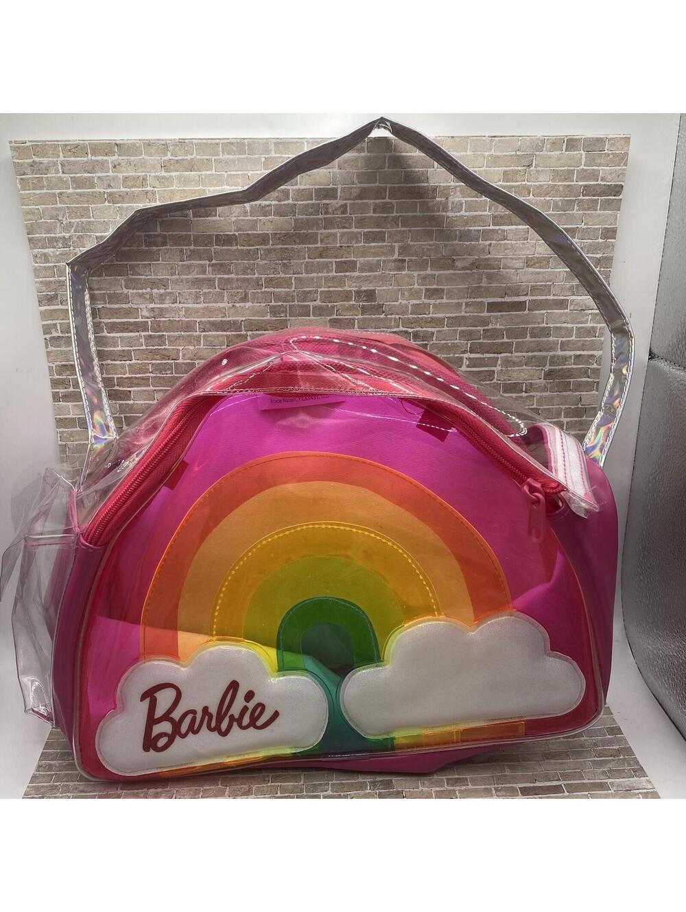 Barbie Doll Carrier -Purse/Rainbow Clouds Plastic Clear Pink Tote Bag
